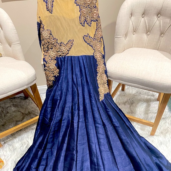 Navy Blue & Gold Embroidered Reception Gown / Indian Party Attire / Prom - Picture 2 of 5